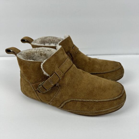 OluKai Womens Sz 7 Ola Hou Shearling Tan Suede Ankle Boot Slipper Slip On Warm - Picture 3 of 14